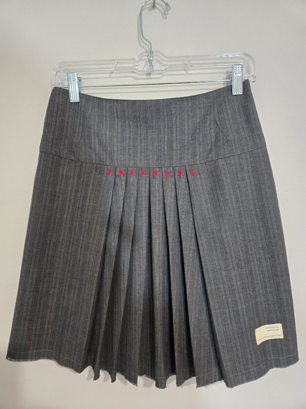 Odd Molly Vintage Grey Pinstripe Pleated Mini Skirt RedCross Stitch Detail Small